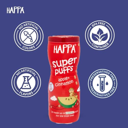 Image of Happa Organic Multigrain Melts Teething Super Puffs (Healthy Organic Snack for Little One, 8 Months+) Apple & Cinnamon (Pack of 2)