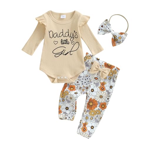 Kupretty Baby Girl Fall Winter Clothes Cute Infant Outfit Long Sleeve Ruffle Knit Romper Bodysuit + Pants + Headband Set (Khaki, 0-3 Months)