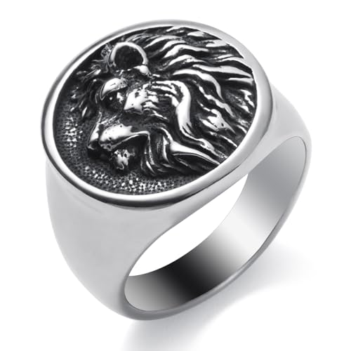 SOBHART Mens Signet Ring Stainless Steel Silver Lion Head Statement Rings Jewelry for Men Size 10