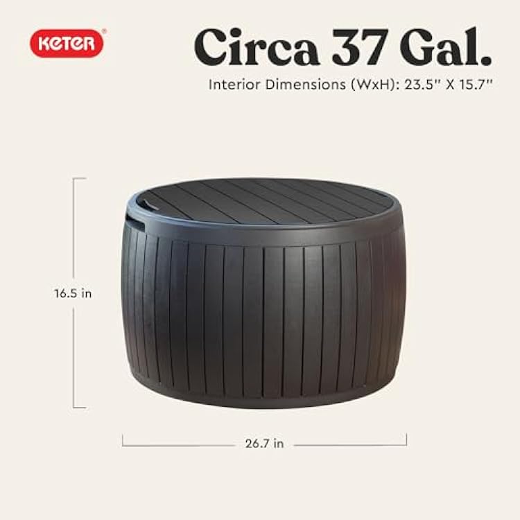 Keter Circa 37 Gallon Deck Box Organizer, Works as Ottoman Chair or Side Table, Brown Large Resin Round Outdoor Storage and Seating for Garden, Pool, and Patio