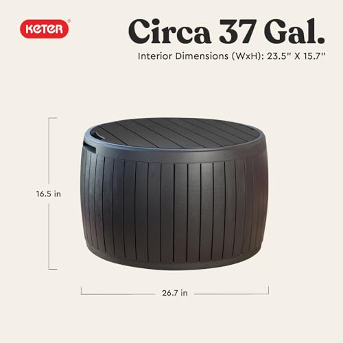 Keter Circa 37 Gallon Deck Box Organizer, Works as Ottoman Chair or Side Table, Brown – Large Resin Round Outdoor Storage and Seating for...