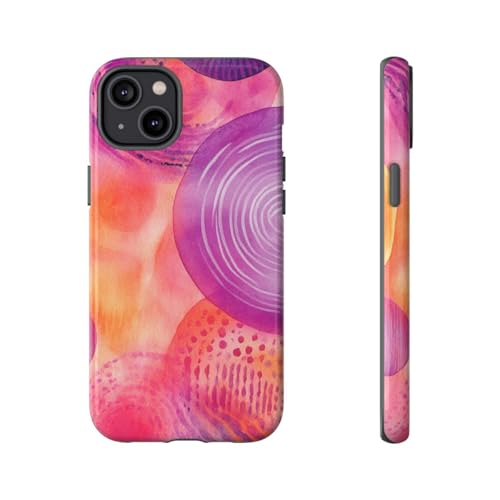 Coque iPhone 14 Plus violette en silicone rigide brillant motifs cercles aquarelles