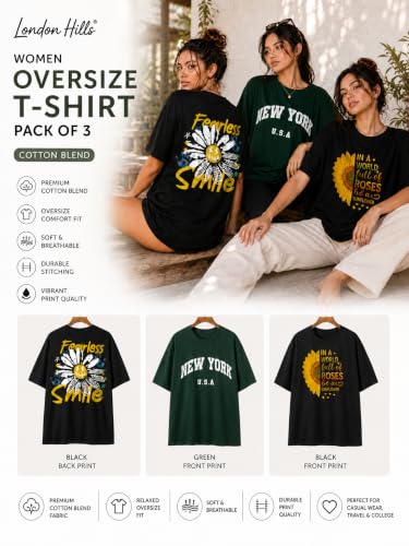 Image of London Hills Oversized Tshirt for Woman | t Shirt for Woman Oversized Fit Printed Round Neck | Tops for Woman's | Women t Shirt Loose Fit Drop Shoulder | t Shirts for Women | Western Tops