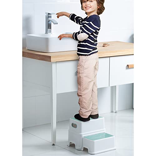 Victostar 2 Step Stool For Kids, Anti-Slip Sturdy Toddler Two Step Stool For Toilet Potty Training, Bathroom,Kitchen (Green-White) #TOP1