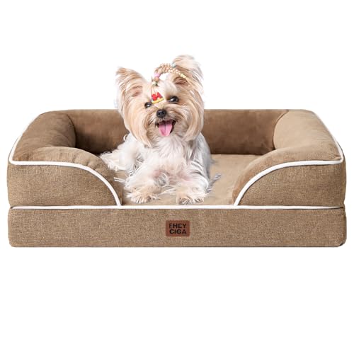 Image of EHEYCIGA Orthopedic Dog Bed for Small to Medium Dogs, Waterproof Memory Foam With Sides, Non-Slip Bottom, Egg-Crate Foam, Washable Removable Cover, Camel