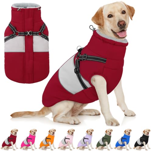 AOFITEE Dog Coat Large Dog Winter Coat Waterproof Dogs Jacket with Harness