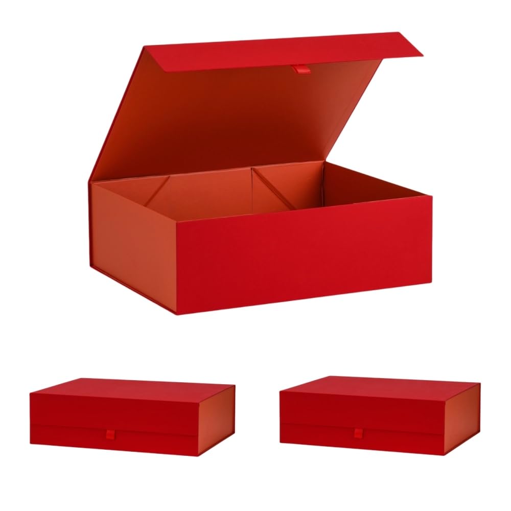 PLINJOY Extra Large Red Gift Box 3 Pack 16.5x14x5.5 Inches,Gift Boxs for Presents with Lid Magnetic Closure Collapsible,Bridesmaid Proposal Box,Birthday, Christmas,for Clothes and Large Gifts