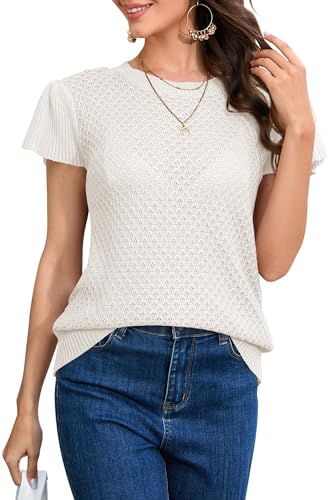 Image of Cakulo Summer Crochet Tops for Women Ruffle Cap Short Sleeve Crew Neck Knit Hollow Out Casual Spring Sweater Top