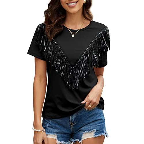 PESION Women's Fringe Trim Shirts Short Sleeve Tassel Trim Blouse T-Shirt Tops Small Black