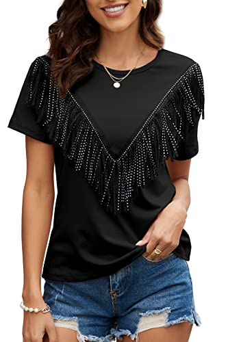 PESION Women's Fringe Trim Shirts Short Sleeve Tassel Trim Blouse T-Shirt Tops