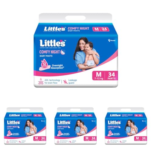 Image of Little's Baby Diapers M Size (Medium) Pants Style | 7-12 kg | 34 Count | Comfy Nights Baby Diaper Pants with Leakage Guard & Upto 12 Hours Absorption (34 Count, Pack of 4)