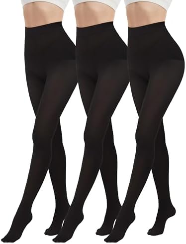 3 Pairs 80D Tights for Women Opaque Black High Waisted Stockings Womens Footed Pantyhose with Reinforced Toe