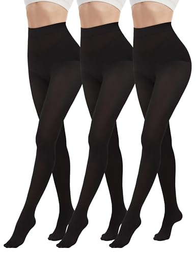 DDOBB 3 Pairs 80D Tights for Women Opaque Black High Waisted Stockings Womens Footed Pantyhose with Reinforced Toe Black Large-X-Large