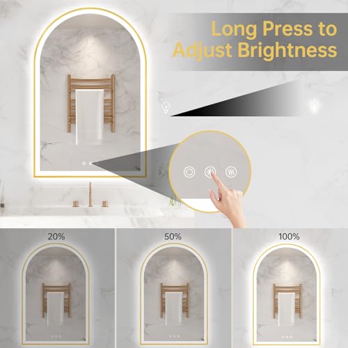 Image of 24 inchx36 inch Arched LED Mirror for Bathroom, Brushed Gold Lighted Bathroom Mirror with Lights, Fogless, Dimmable, Shatterproof, Touch Sensor, 3 Color Changing
