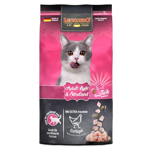 Leonardo Adult Light & Sterilised para gatos, 1,8kg, con bajo contenido calórico con aves frescas, alimento completo, fabricado en Alemania
