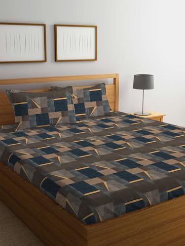 LOOMLYFE 300 TC Cotton Feel Glace Cotton Elastic Fitted Printed Queen Size Double Bed Bedsheet with 2 Pillow Covers Fits Upto 8 inches,Size- 60x78x10 Inches, CoffeeBlueBox