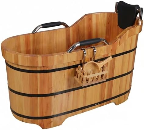 Natural Cypress Wood Hot Tub with Steam Lid & Non-Slip Handrails – 47" Freestanding Spa Bathtub for Adults and Kids, Aromatherapy Soaking Tub, Home Medicinal Bath