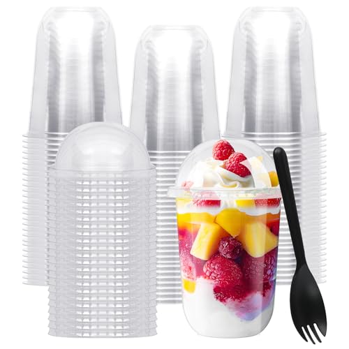 Kosotody 50 Pack 16oz Clear Plastic Parfait Cups with Dome Lids (No Hole) and Sporks Disposable Fruit Cups for Dessert Yogurt Pudding Snacks Fruits Bakeries Ice Cream