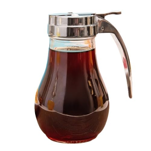 Glass Syrup/Honey Dispenser with Thumb Lever Chrome Plated Alloy Top for Pancakes 14-Ounce. Honey Pot, maple Syrup Containers/Jar By Geex Depot US