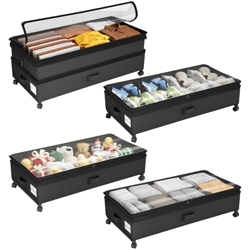 Image of Kitstorack 4 Pack Height-adjustable Under Bed Storage with Wheels, Under Bed Storage Containers,Under Bed Shoe Storage Organizer with Clear Window&Label, Suitable for Clothes Storage, Black