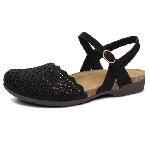 Image of PARTY Closed Toe Sandals Women, Barefoot Arch Support Flat Sandals for Office Work and Travel with Comfortable Cork Footbed