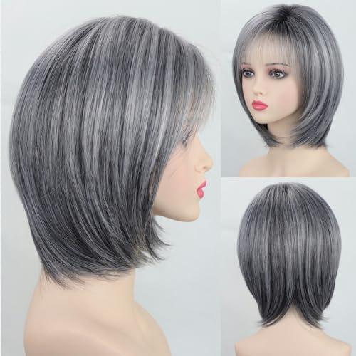 RENERSHOW Ombre Grey Highlight Layered Short Bob Wig with Bangs