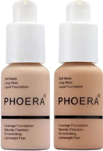 2 Pcs PHOERA Foundation,Full Coverage Foundation, Concealer Foundation Full Coverage Flawless Cream Smooth Long Lasting New 30ml PHOERA 24HR Matte Oil Control Concealer (Nude & Buff Beige)