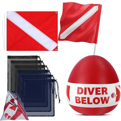 JolliLudo Dive Flag Float Mesh Drawstring Bag Set Inflatable Signal Floater with Dive Flag for Snorkeling Water Sport Signaling Swimming Boating Fishing