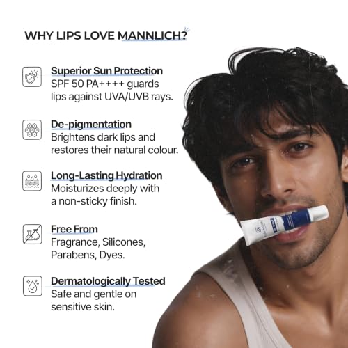 Image of Mannlich Lip Balm for Men (10g) Lip Care with SPF 50 PA++++ Protection - Lip Lightening for Dark, Dry & Chapped Lips - Moisturizes, Nourishes & Softens Lips, Long-Lasting Hydration with 2% Kojic Acid & 1% Hyaluronic Acid (Pack of 4)