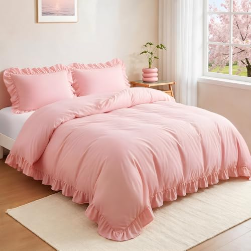 FUANNA Pink Duvet Cover Queen Size 4-Inch Ruffle Duvet Cover Set Ultra Soft & Fluffy Washed Microfiber Comforter Cover with Corner Ties & 2 Pillow Shams Vintage French Country for Girls