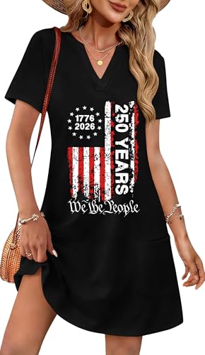 Image of Ithalt 4th of July Dresses for Women Patriotic Dress Red White and Blue Outfits American Flag V Neck Sundress with Pockets