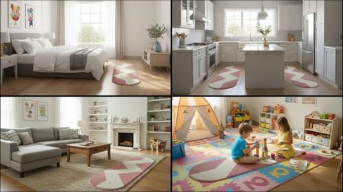 Image of Fluffy Silky Micro Fiber Polyster Carpet /Runner for Bedroom, Study Room, Playing Room, Guest Room ETC. 5x7 feet Feet, (Pink and Ivory Chevron Pattern)