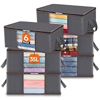 Lifewit 6 Packs Clothes Storage Bags, Foldable Clothing Storage Bins with Reinforced Handle, Sturdy Zipper, Clear Window, Closet Organizer for Clothes, Towels, Blankets, Bedding, 35L, Grey