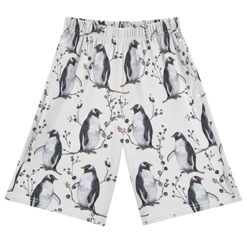 ALAZA Penguin Tree Leaf Watercolor White Pajama Shorts Elastic Waist Casual Sleep Shorts with Pockets Size 6-14