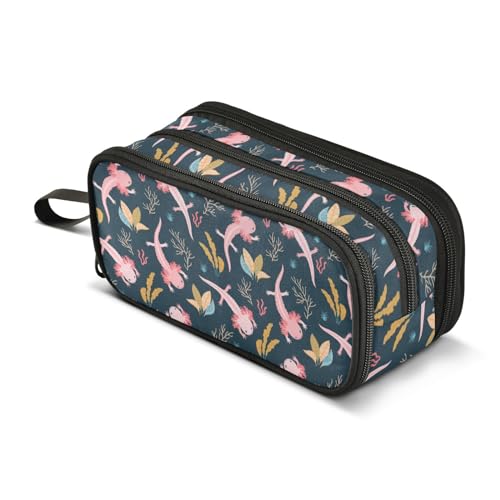 Image of Cute Axolotl Salamander Pencil Case Big Capacity Handheld 3 Compartments Pencil Pouch Portable Large Storage Canvas Pencil Bag for Boys Girls Adults Students