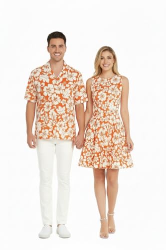 Image of Couple Matching Hawaiian Luau Men Shirt and Women Vintage Fit and Flare Dress in Classic Vintage Hibiscus