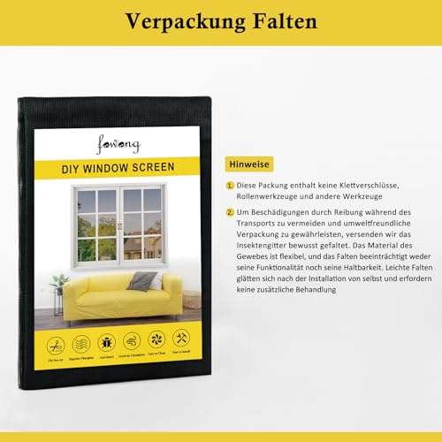 fowong Fliegengitter Fenster mit 10x Reißfestigkeit Upgrades Nanogitter, 122x252cm Extra Stabilität, DIY Katzenkratzfest Fliegennetz Ersatz für Fliegengitter Balkontür Wohnwagen,Geruchsneutral,Schwarz