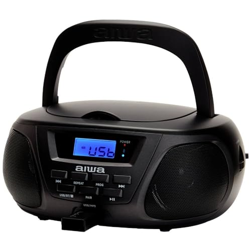 Aiwa BBTU-300BL Reproductor de CD Portátil, Radio CD (Radio FM, tecnología Hyperbass, Entrada de Audio, Bluetooth, USB). Edición para niños y niñas. Color: Azul