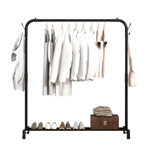 Clothes Rail with Wheels Heavy Duty Clothes Rail, Portable Metal Clothing Rail with Shoe Rack and Hook, Movable Clothes Rack for Bedroom Closet Laundry Room Store
