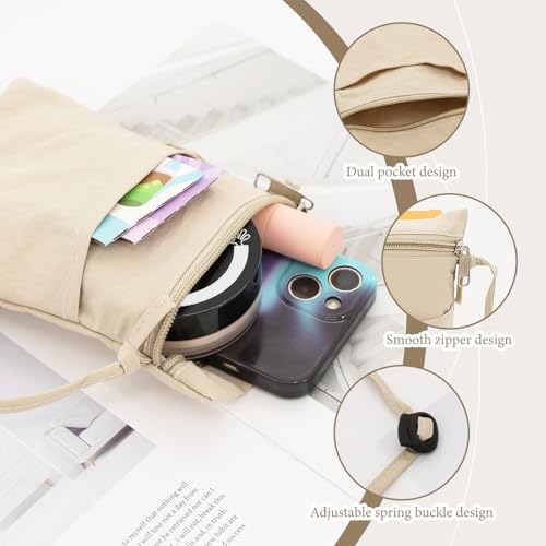 2 Pcs Cell Phone Crossbody Bag, Nylon Small Phone Purse With Adjustable Strap, Ultralight Smartphone Crossbody Bag With Zipper For Women Men (Black, Khaki)3