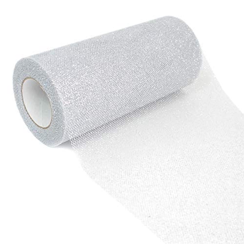 Gnognauq Silver Sparkling Tulle Ribbon Roll Glitter Tulle Roll Tulle Spool for Decoration(6 inches x 25 Yards)