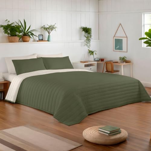 NATURALS - Colcha Bouti Reversible Bicolor | Cama 90/105 (180x260 cm) | Microfibra Extrasuave | Cubrecama Acolchado a Líneas | Ideal Primavera y Verano | Verde/Vainilla