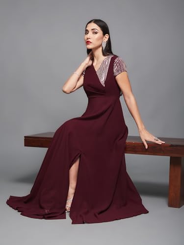 Image of Miss Chase Women's Round Neck Sleeve Embellished Fit Flare Maxi Dress