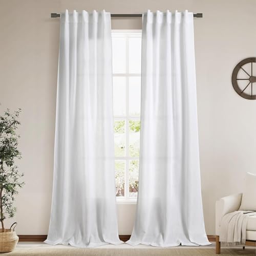 Image of Linen White Curtains 120 Inches Long 2 Panels Set Back Tab Rod Pocket Semi Sheer Cotton Textured Light Filtering Extra Long Curtain Farmhouse High Ceiling Curtains for Living Room 9Ft 40x120