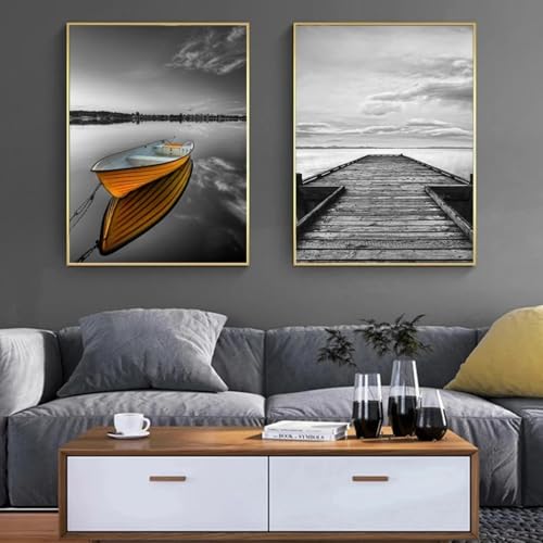 Affiches sur toile de lac pour salon moderne, triptyque nordique noir et blanc - 2