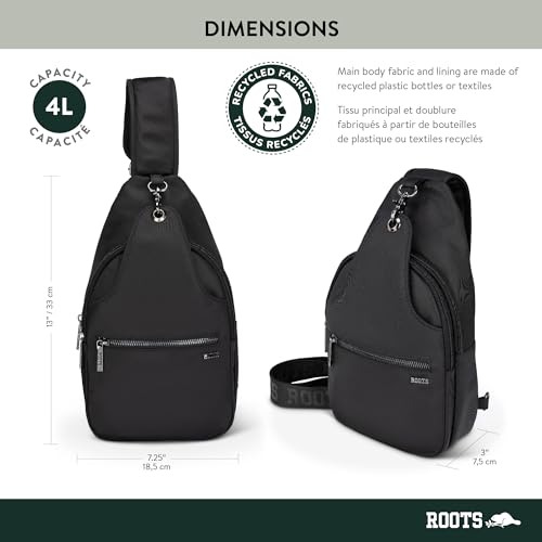ROOTS Sling Bag – 3 Zippered Compartments, Anti-Theft and Multi Wear Strap, RFID Blocking Pocket, Made from Recycled Fabric – Black by Roots - Image 3