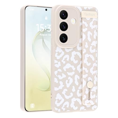 Image of Compatible with Samsung Galaxy S26 Plus Case with Strap Wrist White | Cheetah Print Shockproof Soft TPU Protective Cover for Women Girls, Slim Anti Scratch Case 6.7 Inch, White