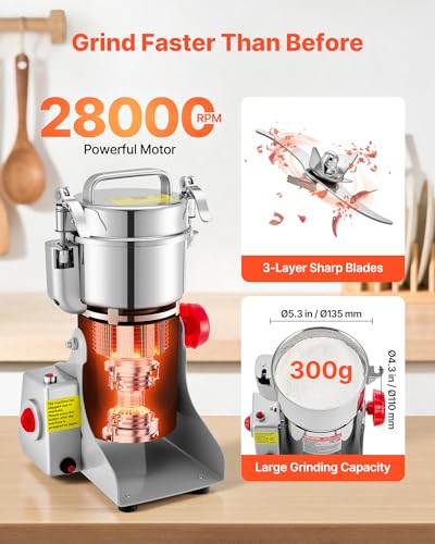 Image of VEVOR 300g Electric Grain Mill Grinder, High Speed 1500W Commercial Spice Grinders, Stainless Steel Pulverizer Powder Machine, for Dry Grains Spices Cereals Coffee Corn Pepper, Swing Type