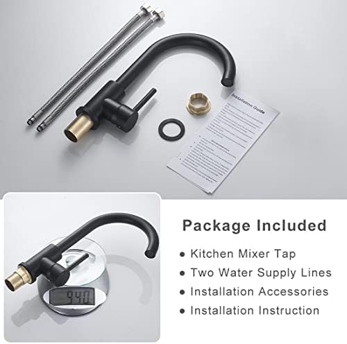 Kitchen Sink Mixer Tap, NewEast Single Lever Stainless Steel Black Monobloc Kitchen Tap 1 Hole Easy Fit with Hoses