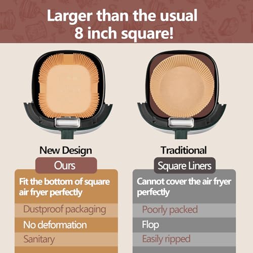 UBeesize 9-Inch Air Fryer Parchment Liners - 200 Pack, Square Non-Stick Disposable Paper Sheets for Microwave & Air Fryers, Unbleached Baking Sheets (8-Inch Base)